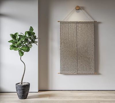 Woven Wall Tapestry With Textured Design Hanging On Light Colored Wall And Green Plant 3d model