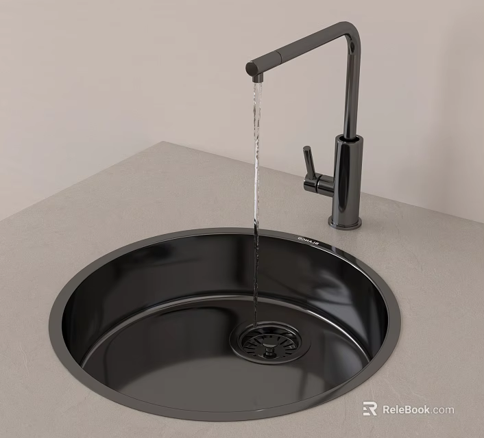 Round Kitchen Sink with Black Faucet on Gray Countertop and Running Water 3d model 