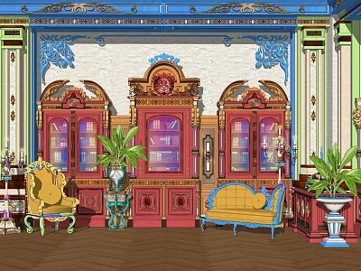 Ornate Red Bookcase In Classic Interior With Gold Accents Glass Doors Books And Plants 3d model