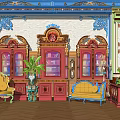 Ornate Red Bookcase In Classic Interior With Gold Accents Glass Doors Books And Plants