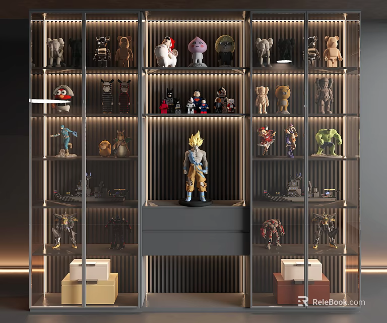Modern Action Figure Display Cabinet With Glass Shelves LED Lighting And Layered Compartments 3d model 