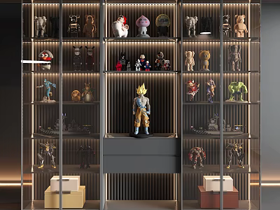 Modern Action Figure Display Cabinet With Glass Shelves LED Lighting And Layered Compartments 3d model