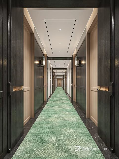 Modern Hotel Corridor With Green Carpet Dark Wooden Walls And Wall Lighting Fixtures 3d model 