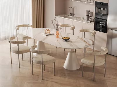 Elegant Modern Oval Marble Dining Table With Beige Upholstered Chairs And Metal Legs 3d model