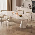 Elegant Modern Oval Marble Dining Table With Beige Upholstered Chairs And Metal Legs