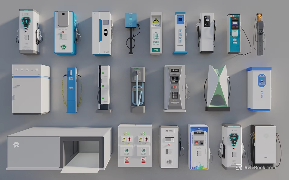 Public Facilities Showcasing Various Electric Vehicle Charging Stations With Different Designs 3d model