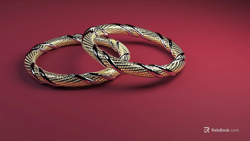 Two Elegant Gold And Black Intertwined Bracelets On Red Background 3d model 