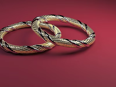 Two Elegant Gold And Black Intertwined Bracelets On Red Background 3d model