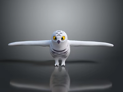 White Owl with Black Stripes Yellow Eyes and Spread Wings on Smooth Surface with Reflection 3d model