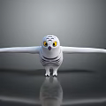 White Owl with Black Stripes Yellow Eyes and Spread Wings on Smooth Surface with Reflection