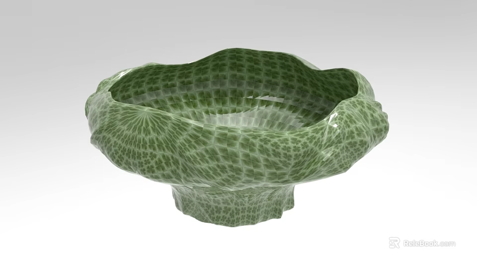 Green Lotus Leaf Edge Bowl With Grid Pattern And Textured Surface 3d model 