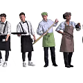 Group of Kitchen Staff Wearing Aprons Holding Cooking Tools and Utensils