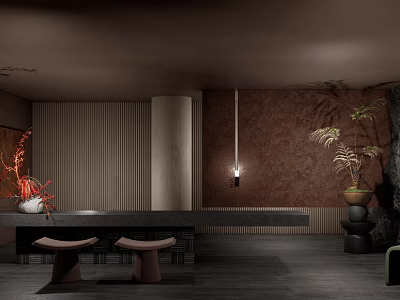 Dark Hotel Lobby Interior With Long Table Stools Decorative Plants Brown Walls And Wooden Elements 3d model