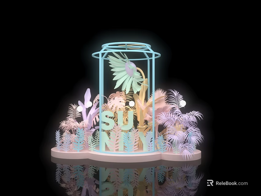 Colorful Decorative Installation With Tropical Leaves Blue Frame And Reflection Base 3d model