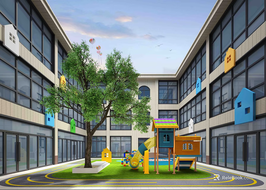 Playground Equipment for Kids in Kindergarten Courtyard with Colorful Slide Green Lawn and Big Tree 3d model 