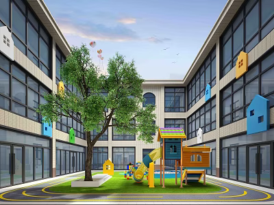 Playground Equipment for Kids in Kindergarten Courtyard with Colorful Slide Green Lawn and Big Tree 3d model