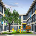 Playground Equipment for Kids in Kindergarten Courtyard with Colorful Slide Green Lawn and Big Tree