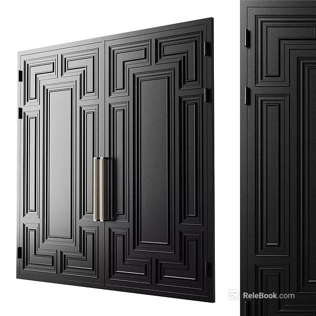 Black Double Doors With Elegant Panel Design And Golden Handles For Modern Home 3d model 