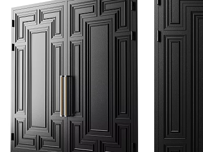 Black Double Doors With Elegant Panel Design And Golden Handles For Modern Home 3d model