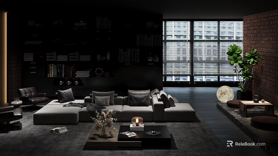 Modern Comfortable Leisure Sofa Set with Coffee Table Large Windows Bookshelves and Green Plant 3d model 