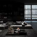 Modern Comfortable Leisure Sofa Set with Coffee Table Large Windows Bookshelves and Green Plant