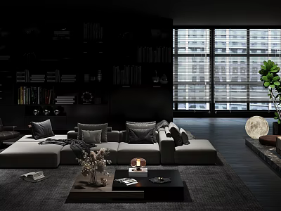 Modern Comfortable Leisure Sofa Set with Coffee Table Large Windows Bookshelves and Green Plant 3d model