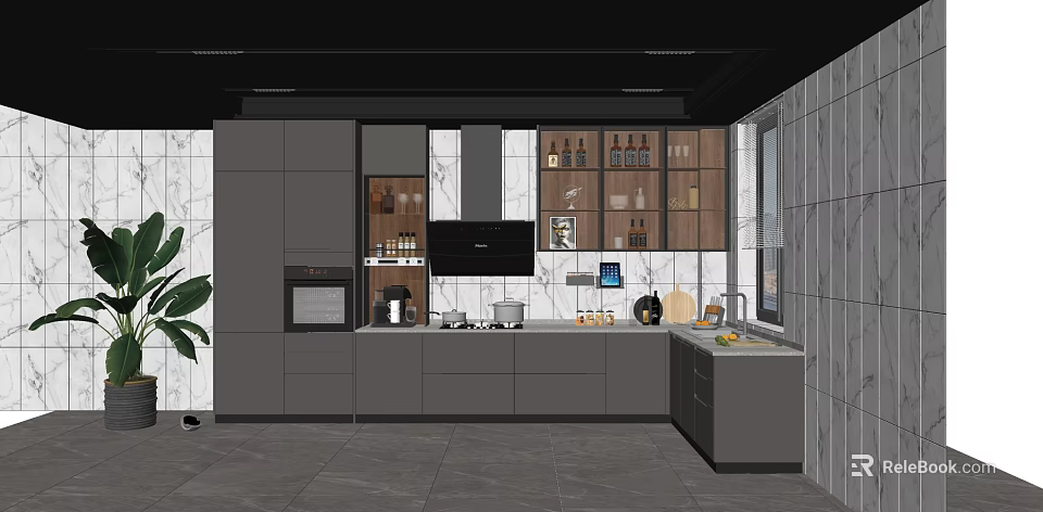 Modern Kitchen With Sleek Gray Cabinets Countertop Appliances And Backsplash Tiles 3d model 