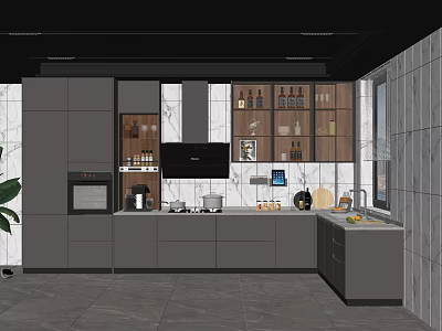 Modern Kitchen With Sleek Gray Cabinets Countertop Appliances And Backsplash Tiles 3d model