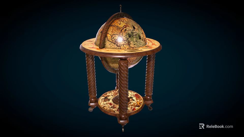 Elegant Vintage Globe Decorative Ornament Set With Carved Wooden Base And Twisted Columns 3d model 
