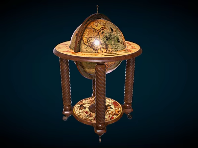Elegant Vintage Globe Decorative Ornament Set With Carved Wooden Base And Twisted Columns 3d model