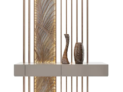 Modern Decorative Room Divider With Metal Frame Carved Panel And Decorative Vases On Shelf 3d model