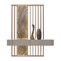 Modern Decorative Room Divider With Metal Frame Carved Panel And Decorative Vases On Shelf