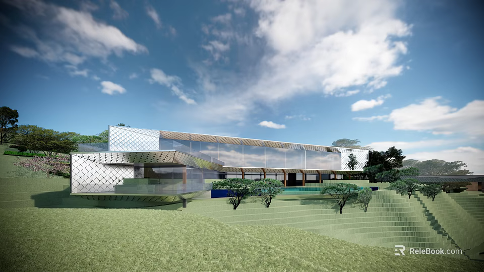 Modern Building With Glass Curtain Wall White Geometric Facade Green Lawn Trees And Blue Sky 3d model 