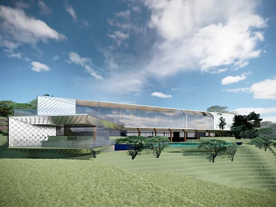 Modern Building With Glass Curtain Wall White Geometric Facade Green Lawn Trees And Blue Sky 3d model
