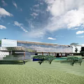 Modern Building With Glass Curtain Wall White Geometric Facade Green Lawn Trees And Blue Sky