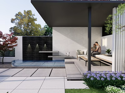 Modern Garden With Covered Patio Pool Bench Purple Flowers And Trees 3d model