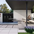 Modern Garden With Covered Patio Pool Bench Purple Flowers And Trees