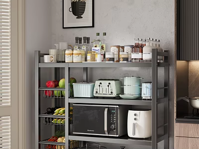 Modern Kitchen Shelf Organizer With Microwave Toaster Fruits Bottles And Mugs 3d model