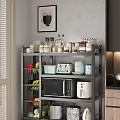 Modern Kitchen Shelf Organizer With Microwave Toaster Fruits Bottles And Mugs