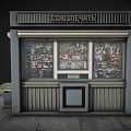 Children's World Kiosk Exterior With Magazines In Windows On Sidewalk With Trash Bin And Grass
