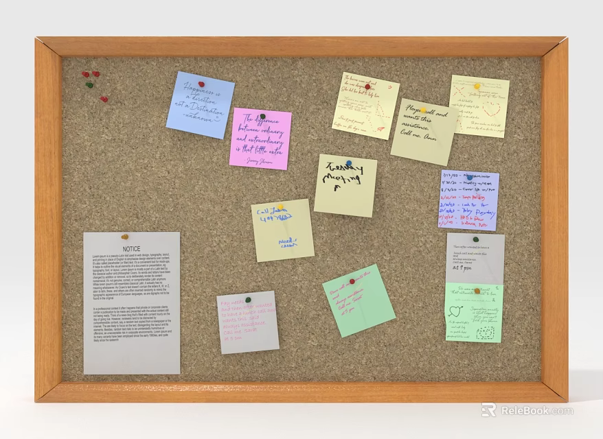 Music Instruments and Art Supplies Display on Corkboard with Colorful Notes 3d model 