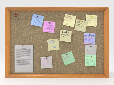 Music Instruments and Art Supplies Display on Corkboard with Colorful Notes 3d model