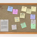 Music Instruments and Art Supplies Display on Corkboard with Colorful Notes