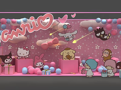 Colorful Sanrio Characters Scene With Pink Background Balloons Stars And Gift Boxes 3d model