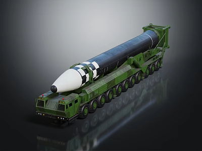 Green Mobile Military Vehicle with Multiple Wheels Carrying Long Range Missile 3d model