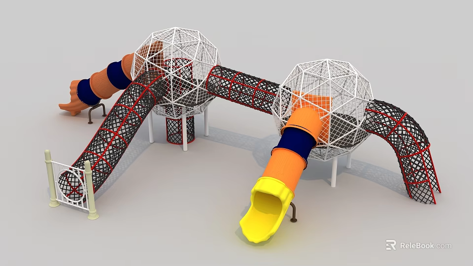 Orange Yellow Fun Playground Slides With Net Spheres And Mesh Structures 3d model
