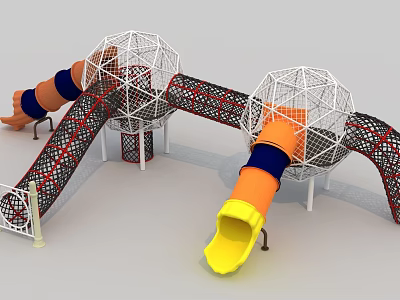 Orange Yellow Fun Playground Slides With Net Spheres And Mesh Structures 3d model