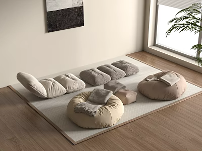 Cozy Lazy Sofas with Soft Cushions on Wooden Floor Mat Near Window and Plant 3d model