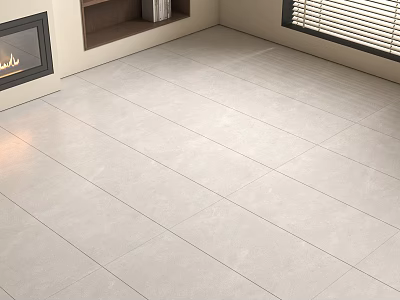 Light Colored Floor Tiles In Modern Living Room With Fireplace Bookshelf And Window 3d model
