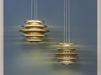 Two Modern Layered Chandeliers With Warm Glow On Blue Wall Background 3d model